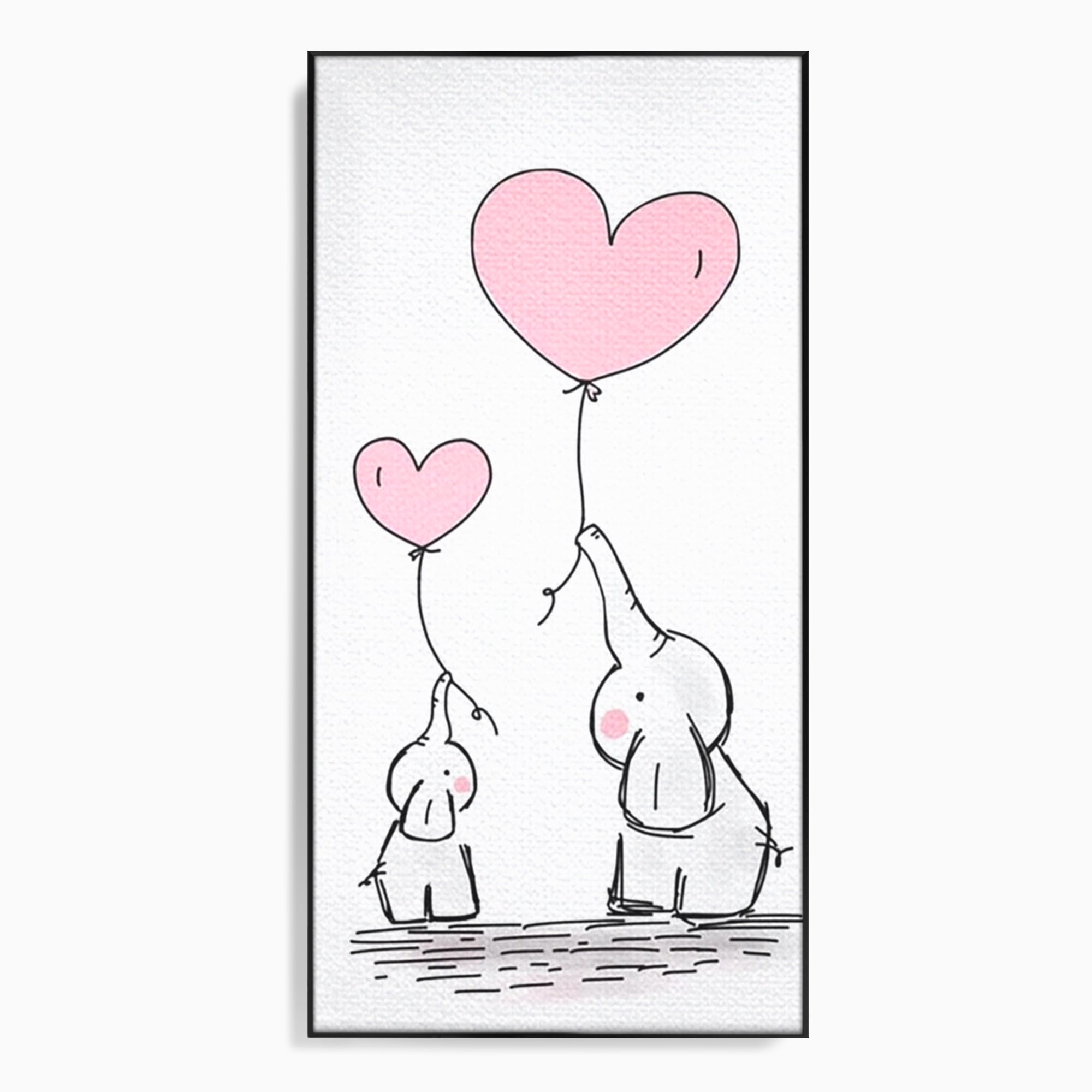 Tablou canvas cu ilustratie cu elefanti si baloane, in rama de aluminiu negru